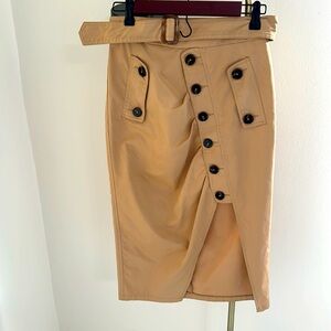 Tan Knee Length Skirt/ Tortoise Buttons/Split